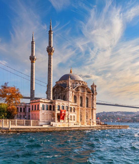 Ortakoy Mosque and the Bosphorus bridge at sunset, Istanbul, Turkey.