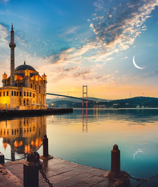 Ortakoy Mosque and Bosphorus bridge in Istanbul at sunrise, Turkey